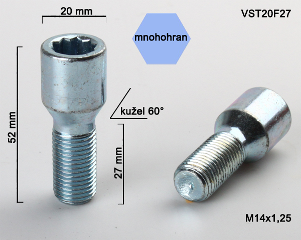 Šroub na kola M14x1,25x50 kužel, vnitřní mnohohran, průměr hlavy 20