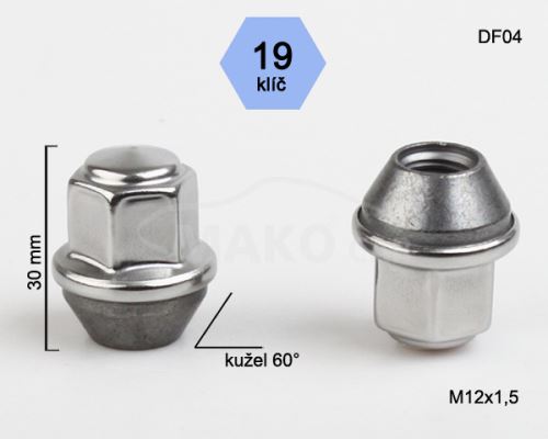 Kolová matice M12x1,5 kužel nerez krytka, klíč 19