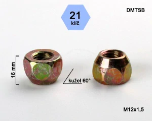 Kolová matice M12x1,5 kužel otevřená, klíč 21 (DMTSB) výška 16mm, Hyundai, Mitsubishi, Toyota, Mazda