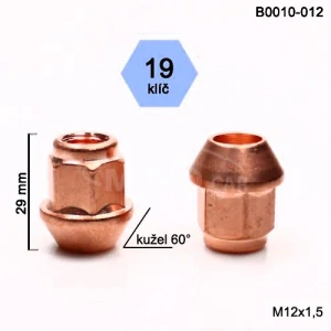 Kolová matice M12x1,5 kužel otevřená poměděná, klíč 19 (B0010-012)(N301R) výška 29mm, Motorsport