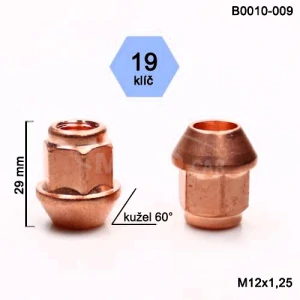 Kolová matice M12x1,25 kužel otevřená poměděná, klíč19 (B0010-009)(N300R) výška 29mm, Motorsport