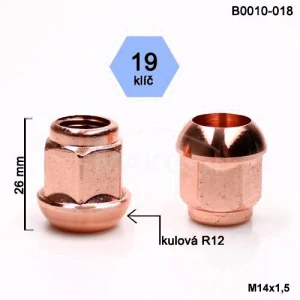 Kolová matice M14x1,5 kulová R12 otevřená poměděná, klíč 19 (B0010-018) výška 26mm, Motorsport