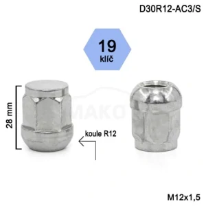 Kolová matice M12x1,5 koule R12 zavřená, klíč 19, výška 28 mm, BIMECC