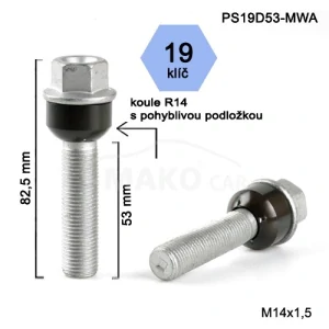 Šroub na kola M14x1,5x53 koule R14 pohyblivá, klíč 19, BIMECC