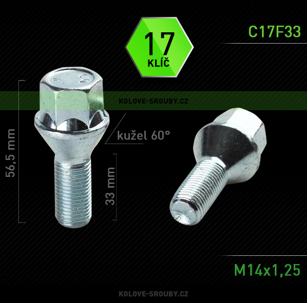 Šroub na kola M14x1,25x33 kužel, klíč 17