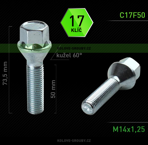 Šroub na kola M14x1,25x50 kužel, klíč 17