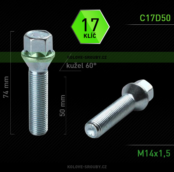 Šroub na kola M14x1,5x50 kužel, klíč 17