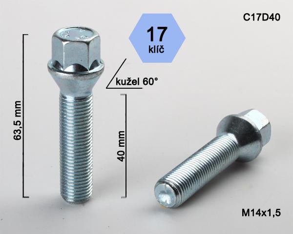 Šroub na kola M14x1,5x60 kužel, klíč 17