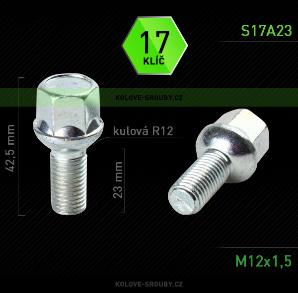 Šroub na kola M12x1,5x23 koule R12, klíč 17