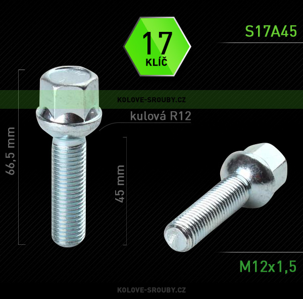 Šroub na kola M12x1,5x45, dosedací plocha koule