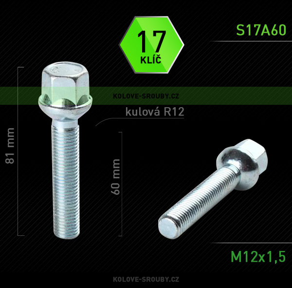 Šroub na kola M12x1,5x60, dosedací plocha koule
