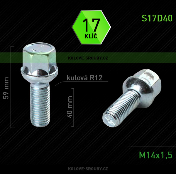 Šroub na kola M14x1,5x40 koule R12, klíč 17
