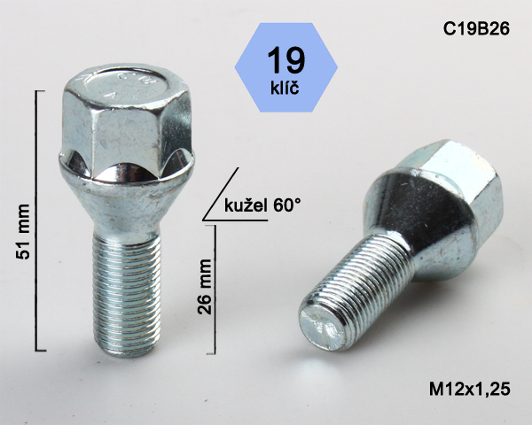 Šroub na kola M12x1,25x26 kužel, klíč 19