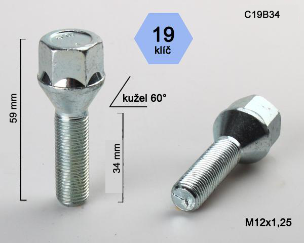 Šroub na kola M12x1,25x34 kužel, klíč 19