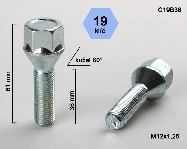 Šroub na kola M12x1,25x36 kužel, klíč 19