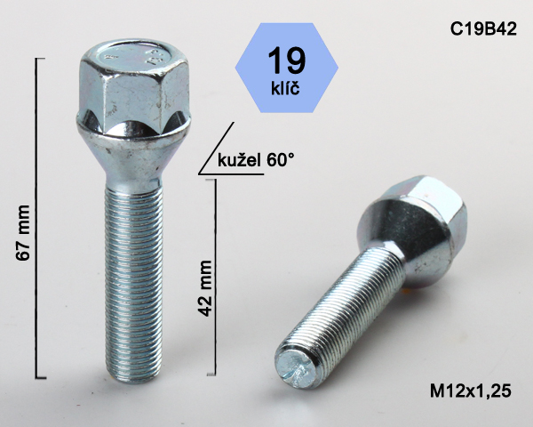 Šroub na kola M12x1,25x42 kužel, klíč 19