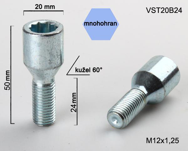 Šroub na kola M12x1,25x24 kužel, vnitřní mnohohran, průměr hlavy 20