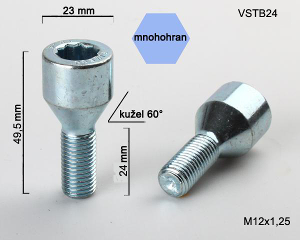 Šroub na kola M12x1,25x24 kužel, vnitřní mnohohran, průměr hlavy 23