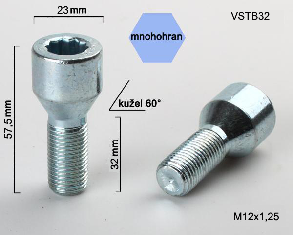 Šroub na kola M12x1,25x32 kužel, vnitřní mnohohran, průměr hlavy 23
