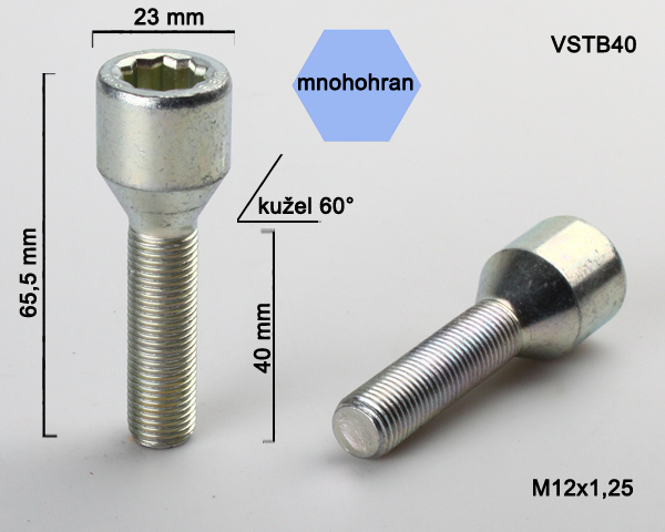 Šroub na kola M12x1,25x40 kužel, vnitřní mnohohran, průměr hlavy 23
