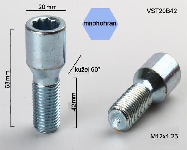 Šroub na kola M12x1,25x42 kužel, vnitřní mnohohran, průměr hlavy 20