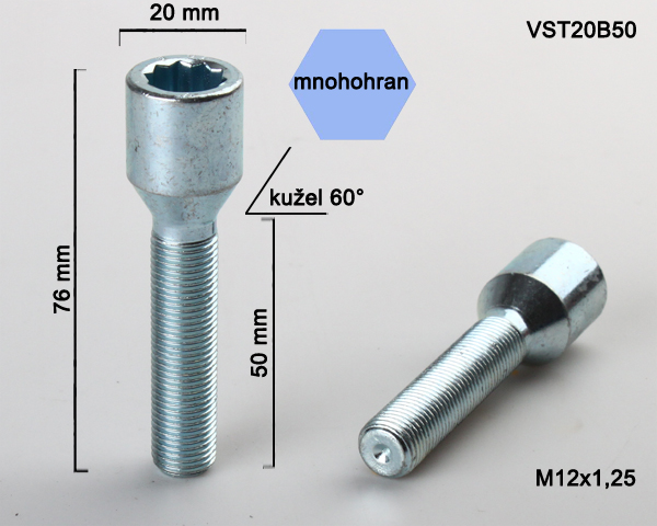 Šroub na kola M12x1,25x50 kužel, vnitřní mnohohran, průměr hlavy 20