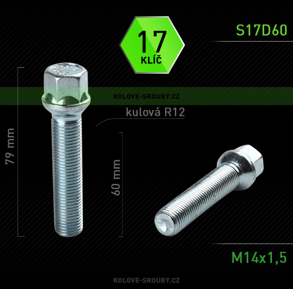 Šroub na kola M14x1,5x60 koule R12, klíč 17
