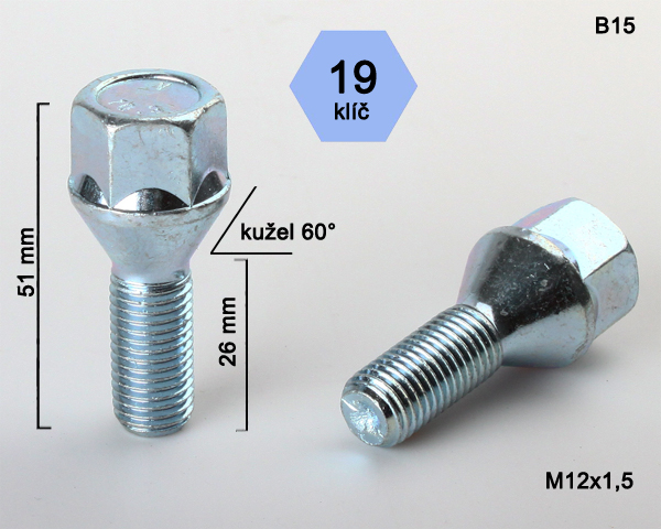 Šroub na kola M12x1,5x25 kužel, klíč 19