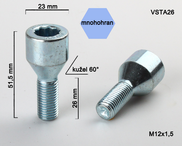 Šroub na kola M12x1,5x26 kužel, vnitřní mnohohran, průměr hlavy 23
