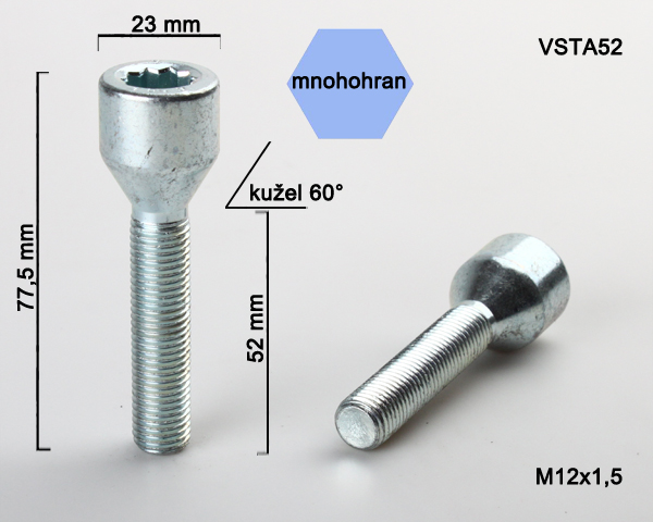 Šroub na kola M12x1,5x52 kužel, vnitřní mnohohran, průměr hlavy 23