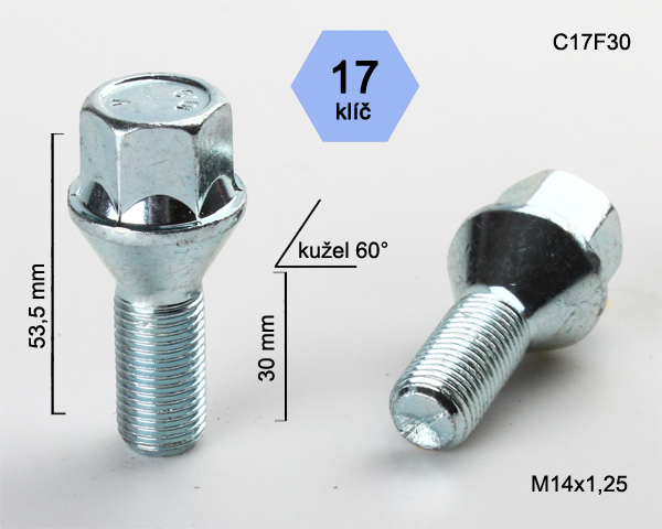 Šroub na kola M14x1,25x30 kužel, klíč 17