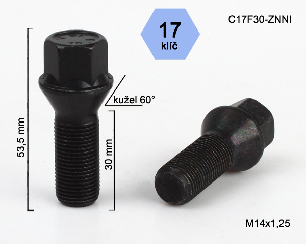Šroub na kola M14x1,25x30 černý, kužel, klíč 17