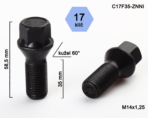 Šroub na kola M14x1,25x35 černý, kužel, klíč 17