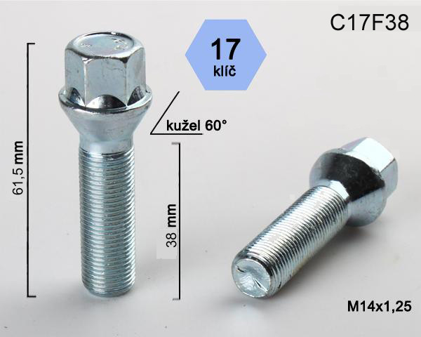 Šroub na kola M14x1,25x38 kužel, klíč 17