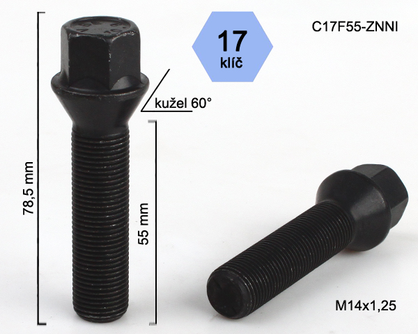 Šroub na kola M14x1,25x55 černý, kužel, klíč 17