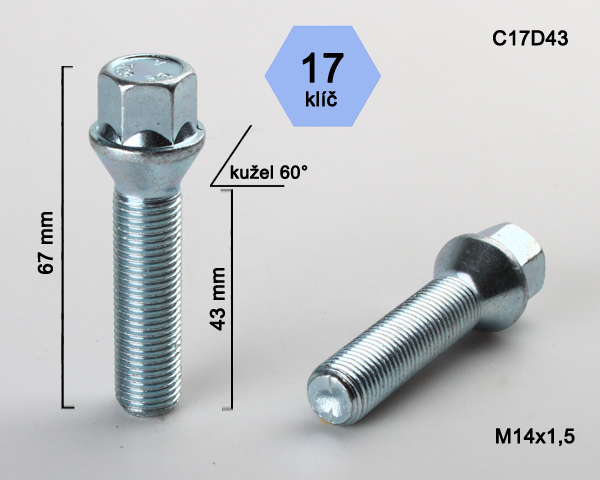 Šroub na kola M14x1,5x43 kužel, klíč 17