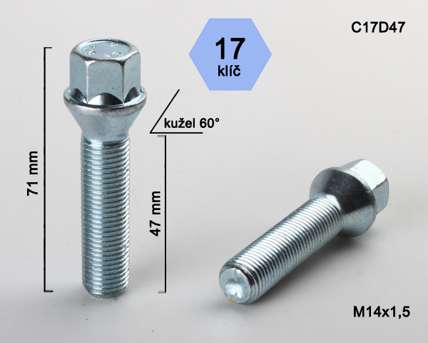 Šroub na kola M14x1,5x47 kužel, klíč 17