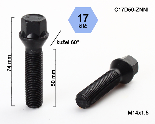Šroub na kola M14x1,5x28 černý, kužel, klíč 17