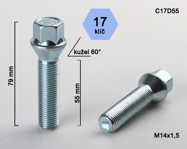 Šroub na kola M14x1,5x55 kužel, klíč 17