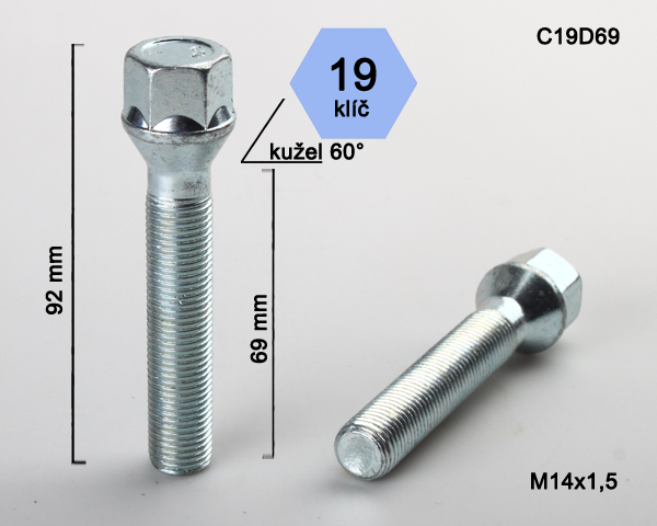 Šroub na kola M14x1,5x69 kužel, klíč 19