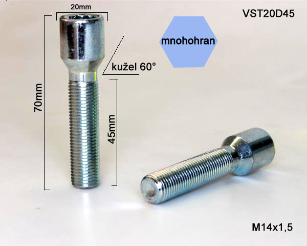 Šroub na kola M14x1,5x45 kužel, vnitřní mnohohran, průměr hlavy 23