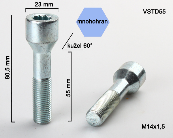 Šroub na kola M14x1,5x55 kužel, vnitřní mnohohran, průměr hlavy 23
