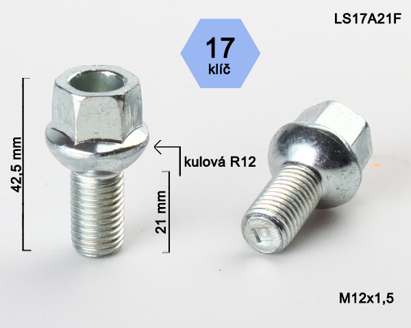 Šroub na kola M12x1,5x21 koule R12, klíč 17