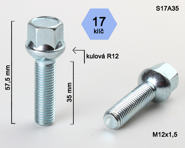 Šroub na kola M12x1,5x35 koule R12, klíč 17