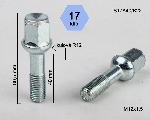 Šroub na kola M12x1,5x40 koule R12, klíč 17