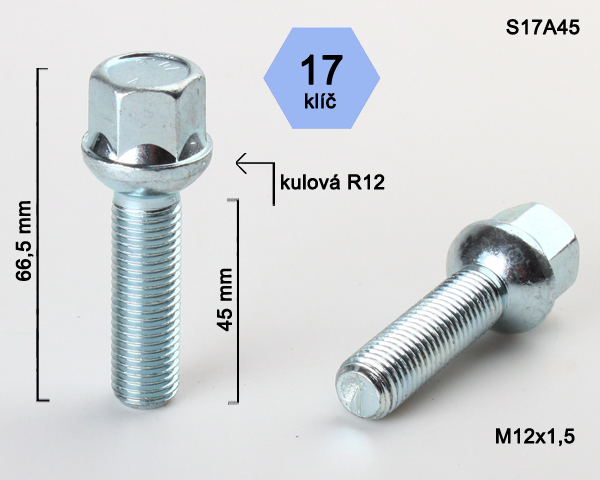 Šroub na kola M12x1,5x45 koule R12, klíč 17
