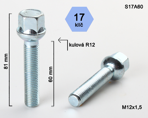 Šroub na kola M12x1,5x60 koule R12, klíč 17
