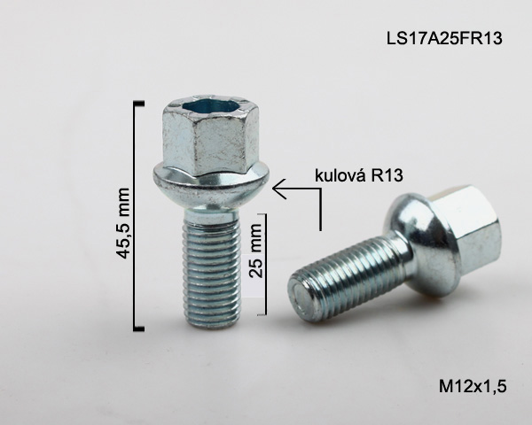 Šroub na kola M12x1,5x25 koule R13, klíč 17 (stříbrný)