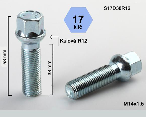 Šroub na kola M14x1,5x38 koule R12, klíč 17