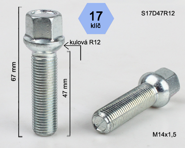 Šroub na kola M14x1,5x47 koule R12, klíč 17